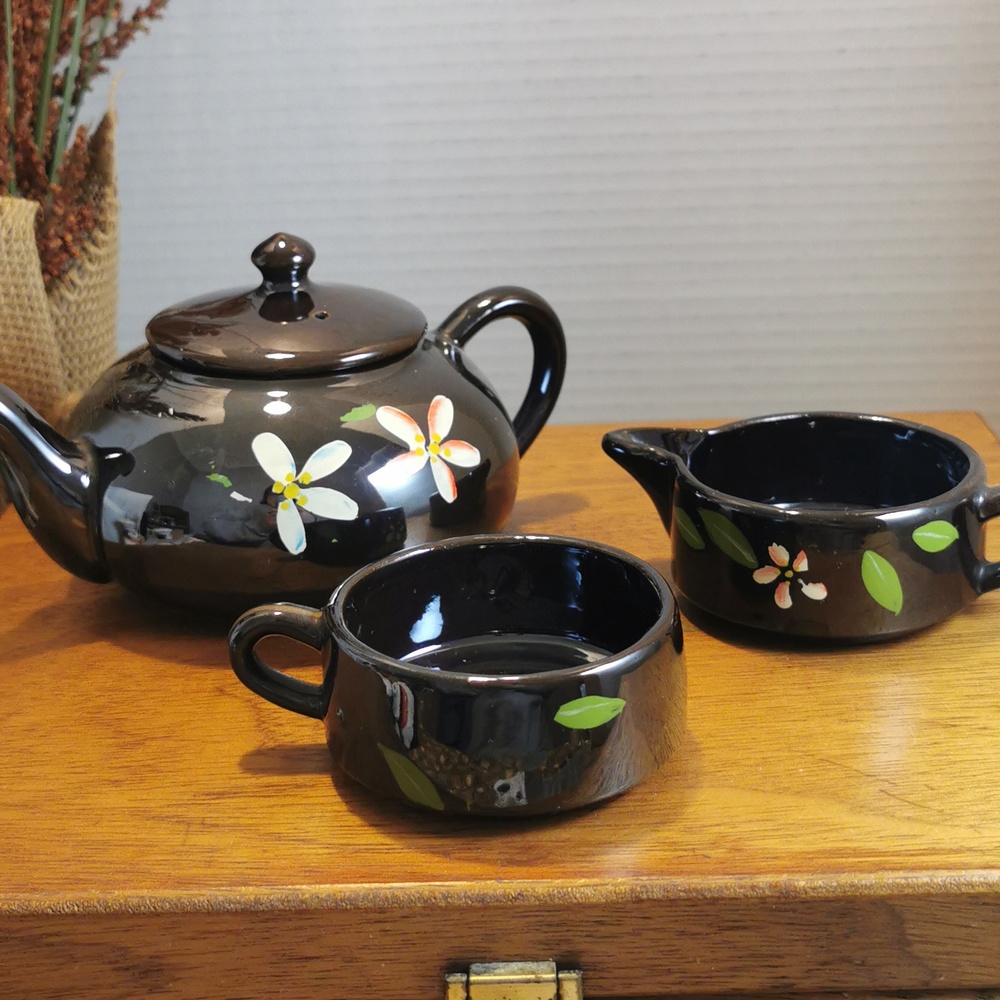 Vintage Brown Lusterware Hand Painted Teapot Cream and Sugar